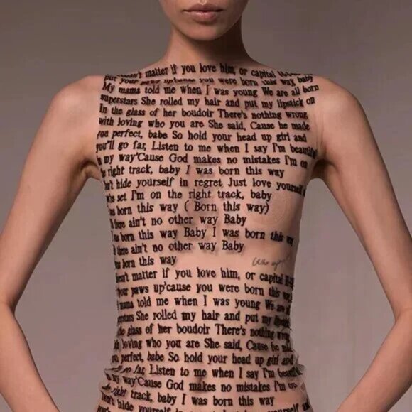 Nude/Light Beige Lady Gaga Born This Way Lyrics Letter Print Sleeveless Mesh Top - Picture 4 of 4